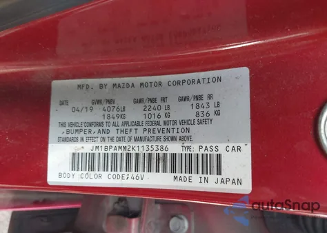 2019 Mazda Mazda3 Preferred Package z USA, uszkodzony, nr VIN JM1BPAMM2K1135386